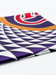 A folded silk scarf featuring a geometric pattern of purple and white triangles, a gold Greek key border, and a red and white circular emblem at the top, displayed on a clean white background.
